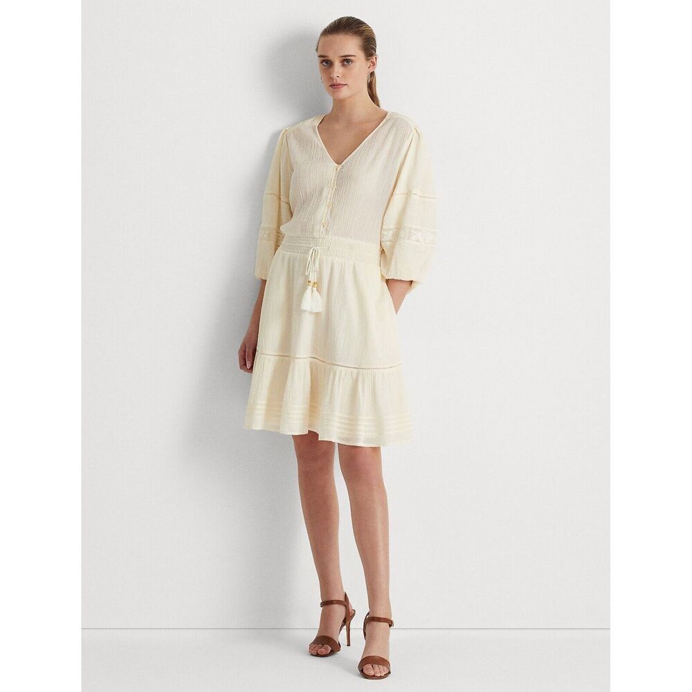 NEW Ralph Lauren Women's 12 Crinkle Cotton Blouson-Sleeve Dress • Reg Price $185